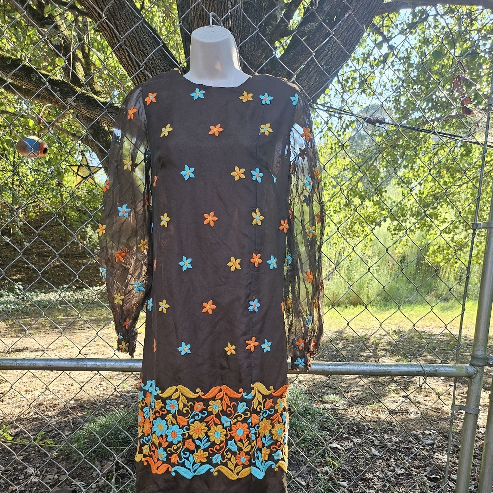 Vintage 70s Vogue Special Designs Brown Maxi Dress Retro Balloon Sleeves